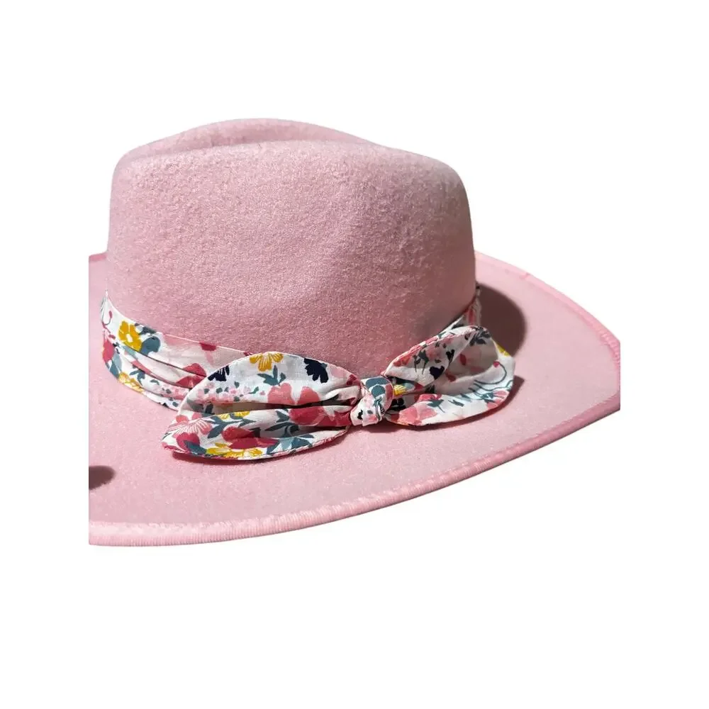 Janie & Jack pink felt brimmed hat with floral floral band size 4-7 euc